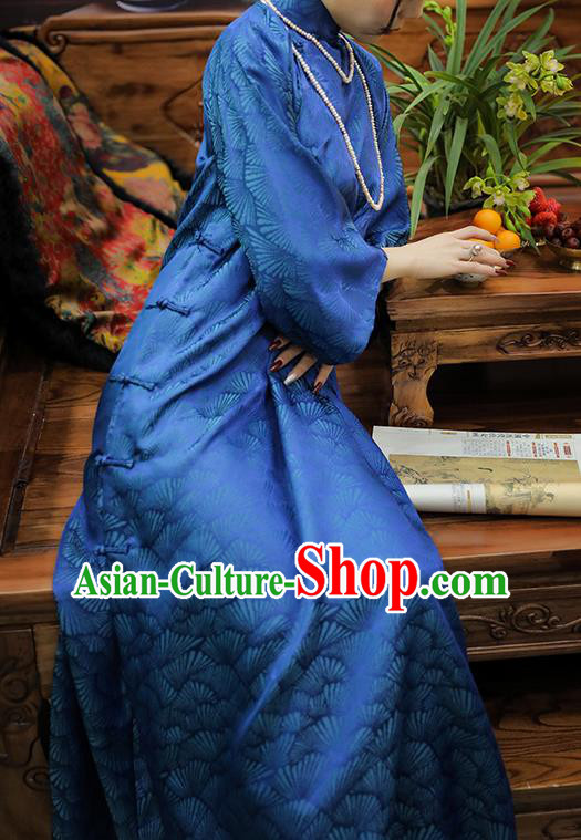 Asian Chinese Traditional Young Beauty Jacquard Blue Silk Qipao Dress Classical Song Brocade Cheongsam