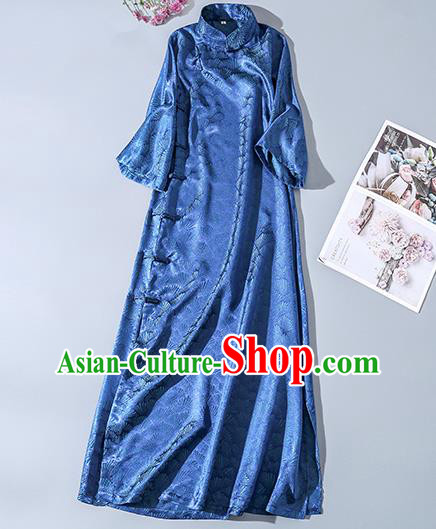 Asian Chinese Traditional Young Beauty Jacquard Blue Silk Qipao Dress Classical Song Brocade Cheongsam