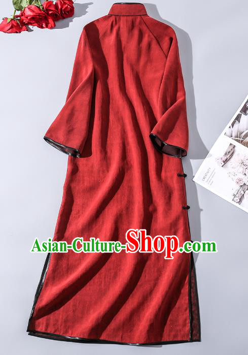 Asian Chinese Classical Silk Cheongsam Clothing Traditional Dark Red Long Qipao Dress