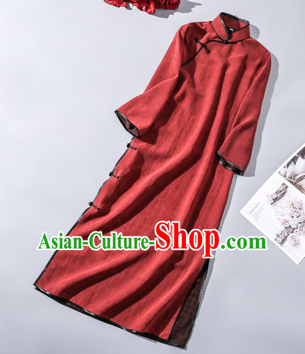 Asian Chinese Classical Silk Cheongsam Clothing Traditional Dark Red Long Qipao Dress
