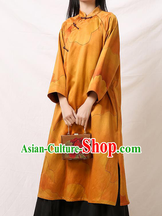 Asian Chinese Traditional Qipao Dress Clothing Classical Peony Pattern Yellow Silk Cheongsam