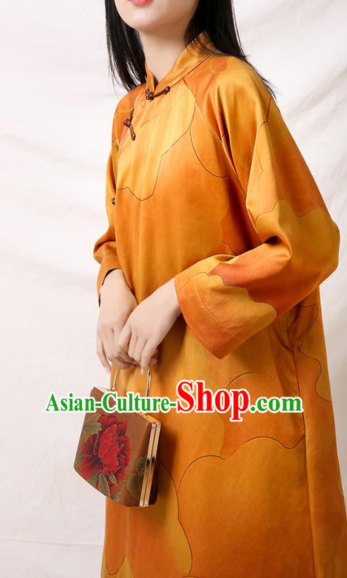 Asian Chinese Traditional Qipao Dress Clothing Classical Peony Pattern Yellow Silk Cheongsam