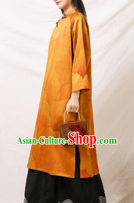 Asian Chinese Traditional Qipao Dress Clothing Classical Peony Pattern Yellow Silk Cheongsam