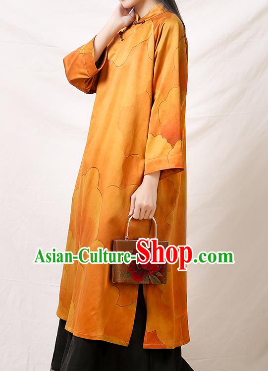 Asian Chinese Traditional Qipao Dress Clothing Classical Peony Pattern Yellow Silk Cheongsam