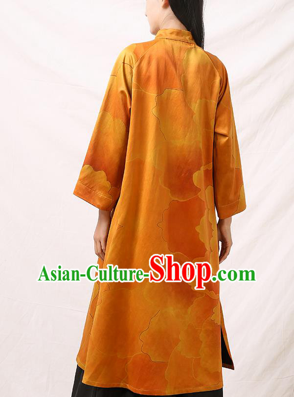 Asian Chinese Traditional Qipao Dress Clothing Classical Peony Pattern Yellow Silk Cheongsam