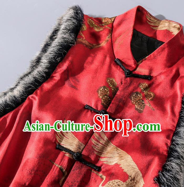 Chinese Traditional Red Silk Long Vest National Woman Gambiered Guangdong Gauze Cotton Wadded Waistcoat
