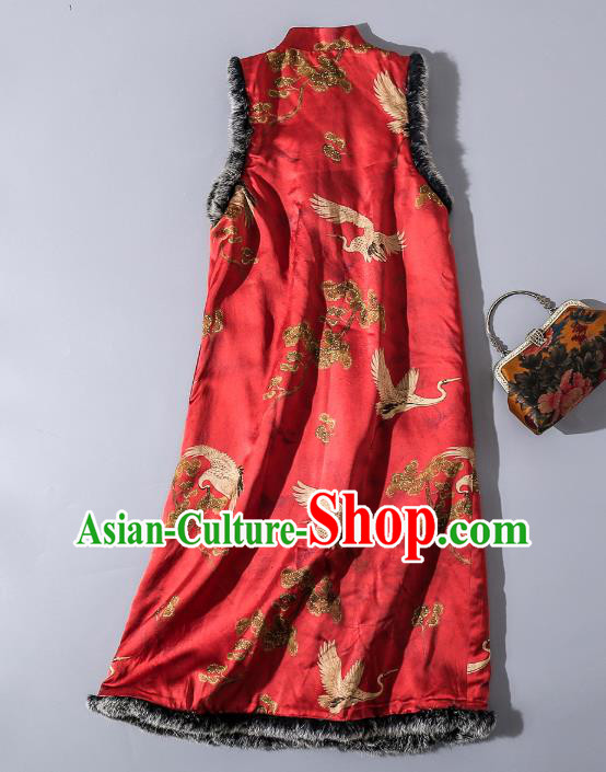 Chinese Traditional Red Silk Long Vest National Woman Gambiered Guangdong Gauze Cotton Wadded Waistcoat