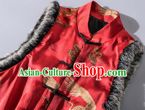 Chinese Traditional Red Silk Long Vest National Woman Gambiered Guangdong Gauze Cotton Wadded Waistcoat