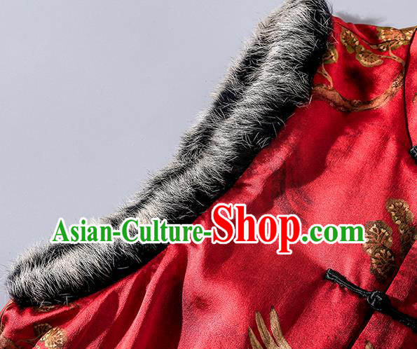 Chinese Traditional Red Silk Long Vest National Woman Gambiered Guangdong Gauze Cotton Wadded Waistcoat