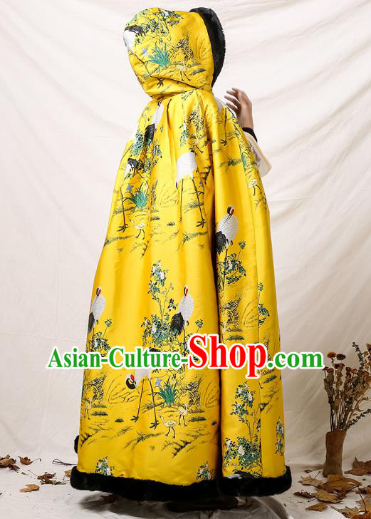 China Classical Winter Costume Traditional Tang Suit Yellow Silk Long Cloak
