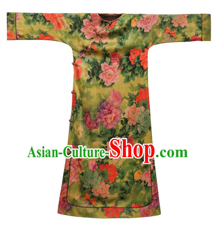 Asian Chinese Traditional Qing Dynasty Court Lady Qipao Dress Classical Peony Design Green Silk Cheongsam Clothing