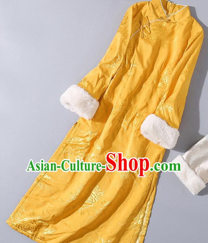 Asian Chinese Classical Winter Golden Cheongsam Traditional Silk Cotton Wadded Qipao Dress Clothing