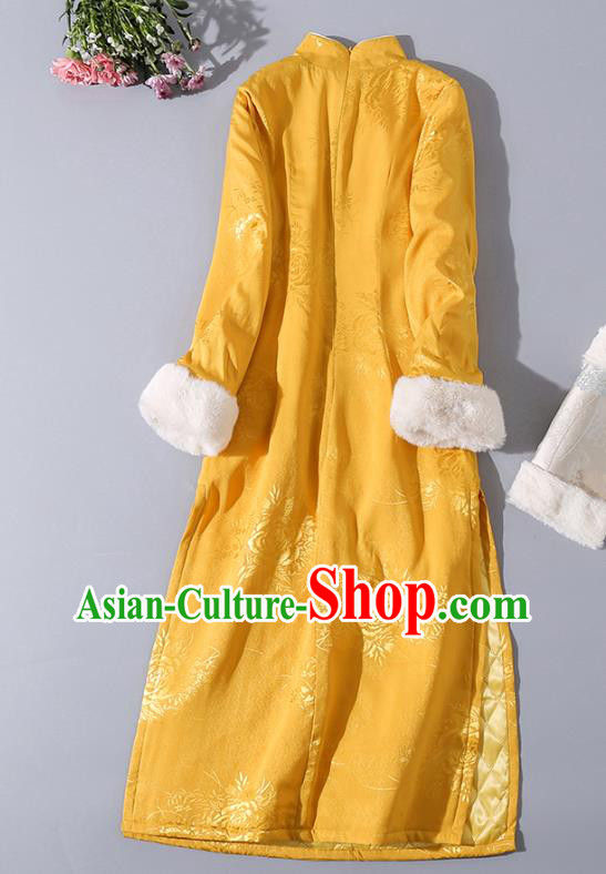 Asian Chinese Classical Winter Golden Cheongsam Traditional Silk Cotton Wadded Qipao Dress Clothing