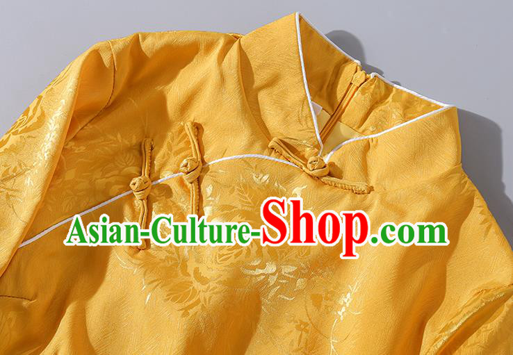 Asian Chinese Classical Winter Golden Cheongsam Traditional Silk Cotton Wadded Qipao Dress Clothing