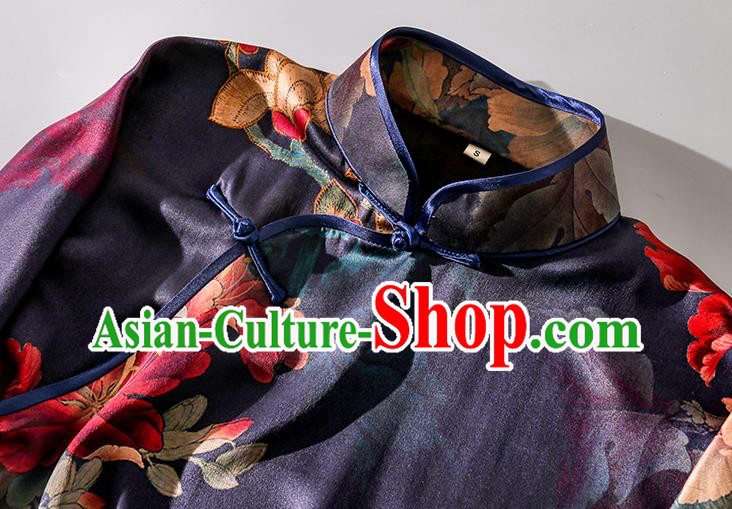 Asian Chinese Classical Cheongsam Traditional Printing Peony Purple Silk Qipao Dress Clothing
