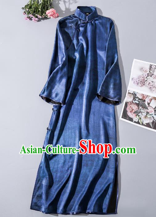 Asian Chinese Classical Wide Sleeve Cheongsam Traditional Blue Silk Long Qipao Dress Clothing