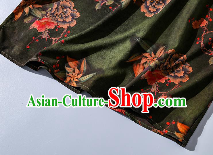 Asian Chinese Traditional Green Silk Long Qipao Dress Female Clothing Classical Peony Pattern Cheongsam