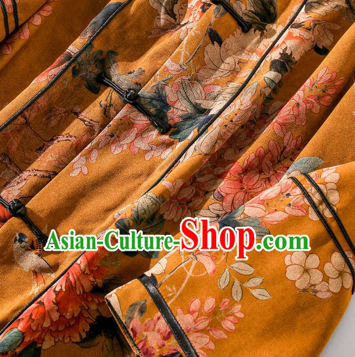 China Classical Outer Garment Costume Traditional Tang Suit Yellow Silk Long Dust Coat