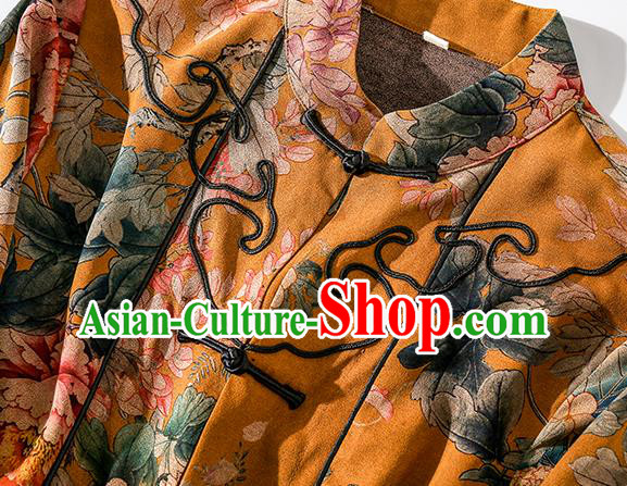 China Classical Outer Garment Costume Traditional Tang Suit Yellow Silk Long Dust Coat