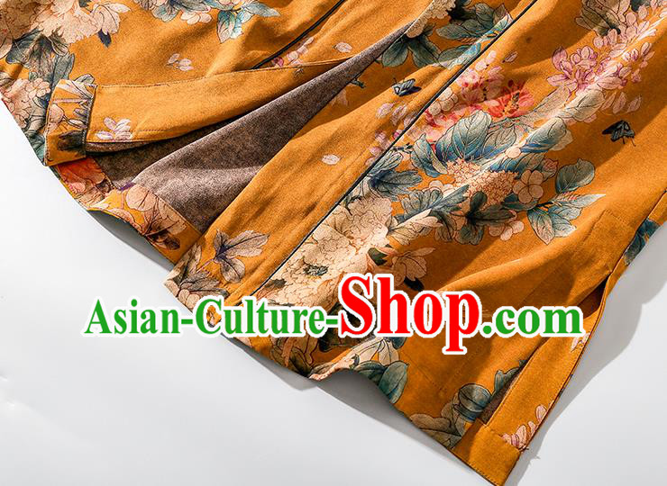 China Classical Outer Garment Costume Traditional Tang Suit Yellow Silk Long Dust Coat