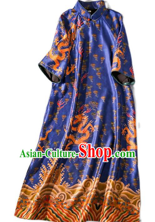 Asian Chinese Traditional Woman Royalblue Silk Long Qipao Dress Classical Dragons Pattern Brocade Cheongsam Clothing