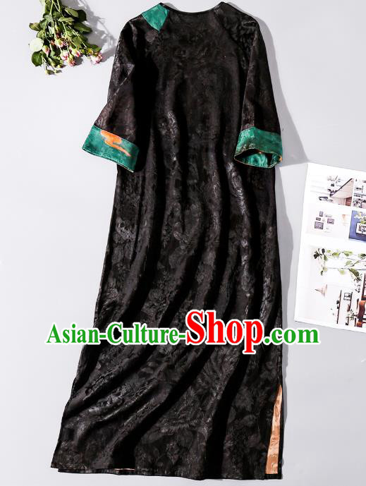 Asian Chinese Classical Jacquard Brocade Cheongsam Clothing Traditional Woman Black Silk Long Qipao Dress