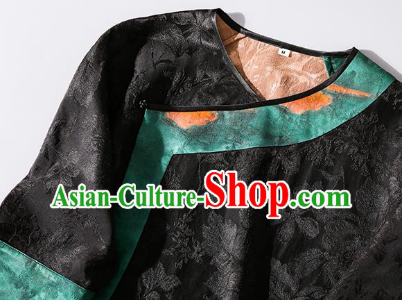 Asian Chinese Classical Jacquard Brocade Cheongsam Clothing Traditional Woman Black Silk Long Qipao Dress