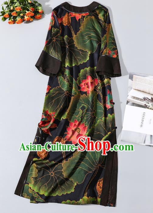 Asian Chinese Traditional Woman Black Silk Qipao Dress Classical Lotus Pattern Cheongsam Clothing