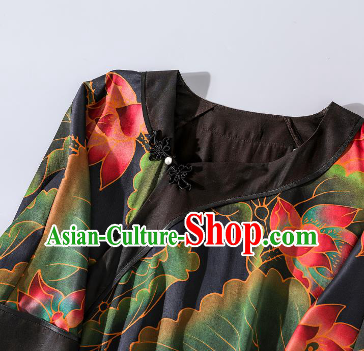 Asian Chinese Traditional Woman Black Silk Qipao Dress Classical Lotus Pattern Cheongsam Clothing
