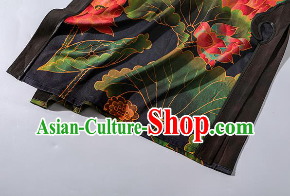 Asian Chinese Traditional Woman Black Silk Qipao Dress Classical Lotus Pattern Cheongsam Clothing