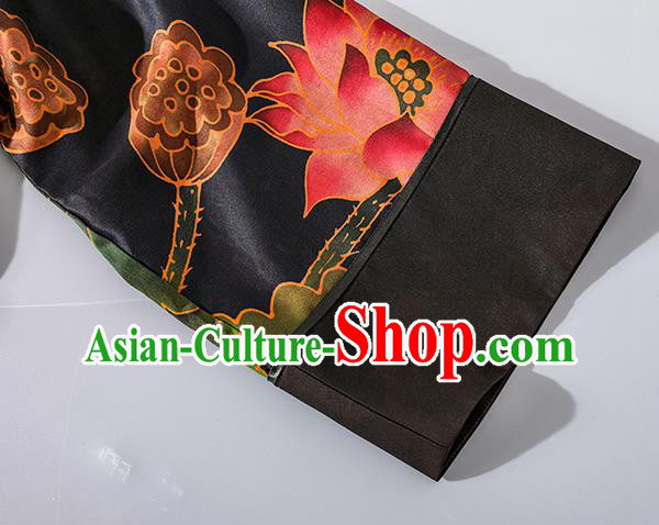 Asian Chinese Traditional Woman Black Silk Qipao Dress Classical Lotus Pattern Cheongsam Clothing