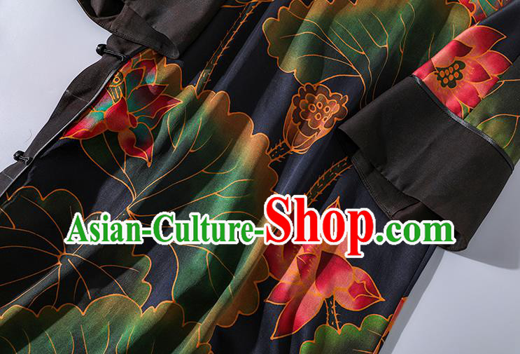 Asian Chinese Traditional Woman Black Silk Qipao Dress Classical Lotus Pattern Cheongsam Clothing