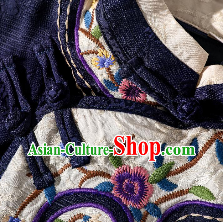 Asian Chinese Traditional Woman Deep Blue Qipao Dress Classical Silk Cheongsam Embroidered Clothing