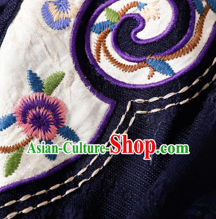 Asian Chinese Traditional Woman Deep Blue Qipao Dress Classical Silk Cheongsam Embroidered Clothing