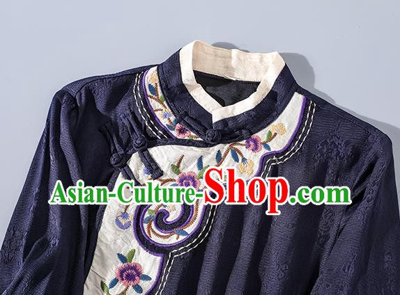 Asian Chinese Traditional Woman Deep Blue Qipao Dress Classical Silk Cheongsam Embroidered Clothing