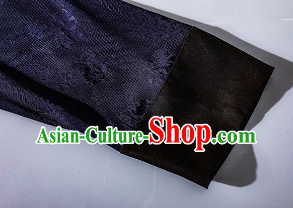 Asian Chinese Traditional Woman Deep Blue Qipao Dress Classical Silk Cheongsam Embroidered Clothing