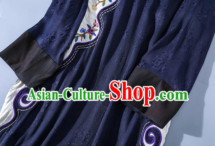 Asian Chinese Traditional Woman Deep Blue Qipao Dress Classical Silk Cheongsam Embroidered Clothing