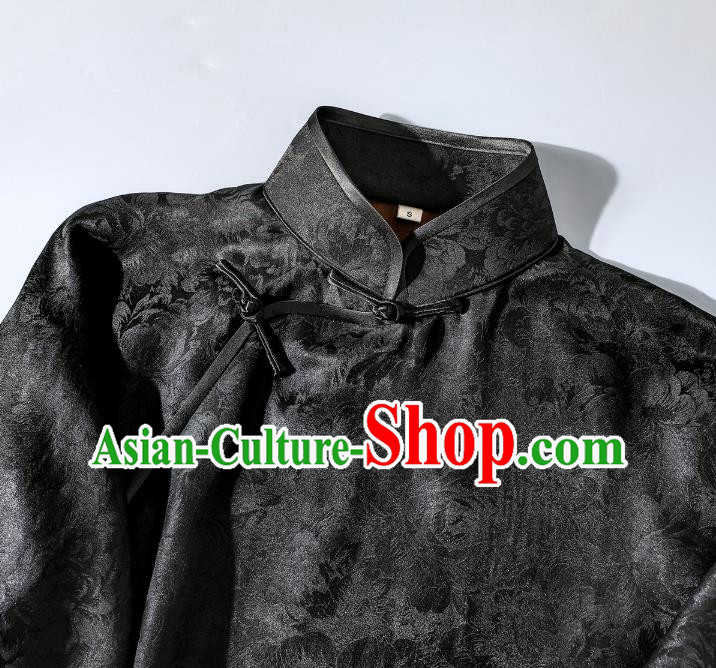 Asian Chinese Traditional Jacquard Black Silk Qipao Dress Classical Stand Collar Cheongsam Clothing