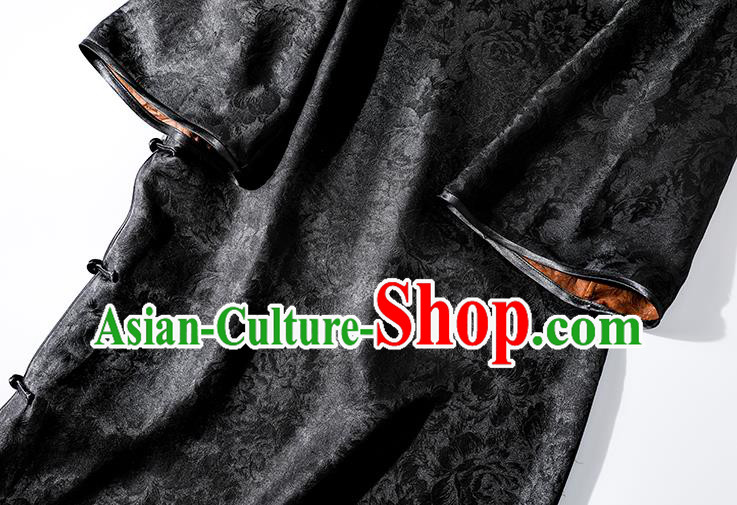 Asian Chinese Traditional Jacquard Black Silk Qipao Dress Classical Stand Collar Cheongsam Clothing