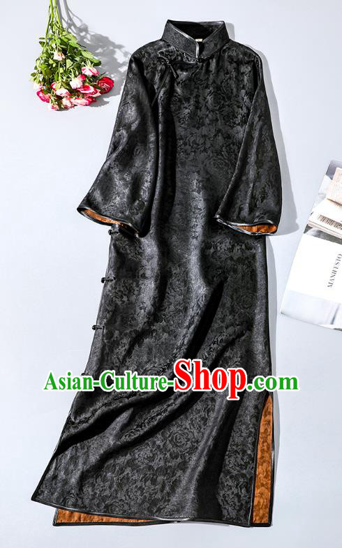 Asian Chinese Traditional Jacquard Black Silk Qipao Dress Classical Stand Collar Cheongsam Clothing