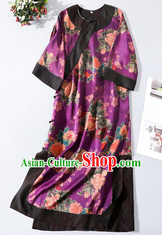 Asian Chinese Classical Young Lady Purple Silk Cheongsam Traditional Peony Pattern Qipao Dress National Clothing
