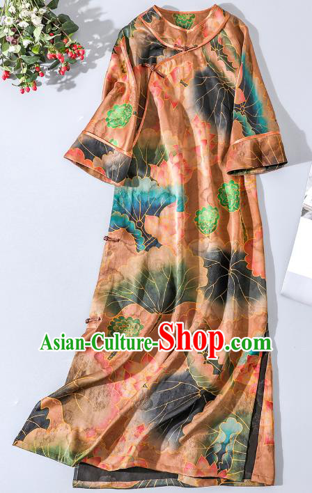 Asian Chinese Classical Orange Silk Cheongsam National Clothing Traditional Lotus Pattern Qipao Dress