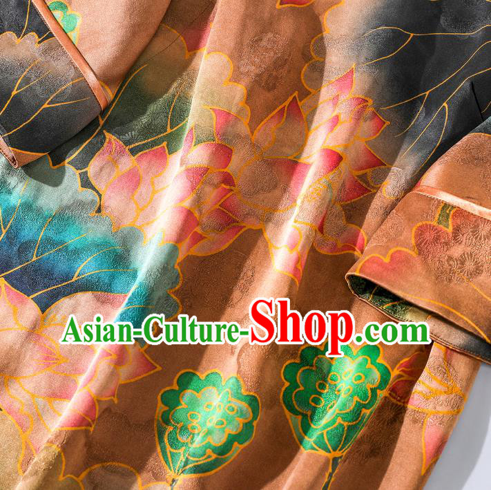 Asian Chinese Classical Orange Silk Cheongsam National Clothing Traditional Lotus Pattern Qipao Dress