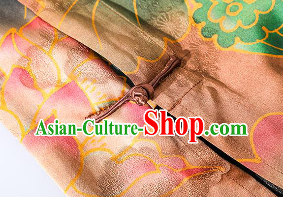 Asian Chinese Classical Orange Silk Cheongsam National Clothing Traditional Lotus Pattern Qipao Dress