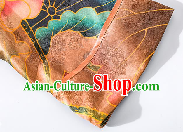 Asian Chinese Classical Orange Silk Cheongsam National Clothing Traditional Lotus Pattern Qipao Dress