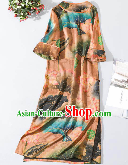 Asian Chinese Classical Orange Silk Cheongsam National Clothing Traditional Lotus Pattern Qipao Dress