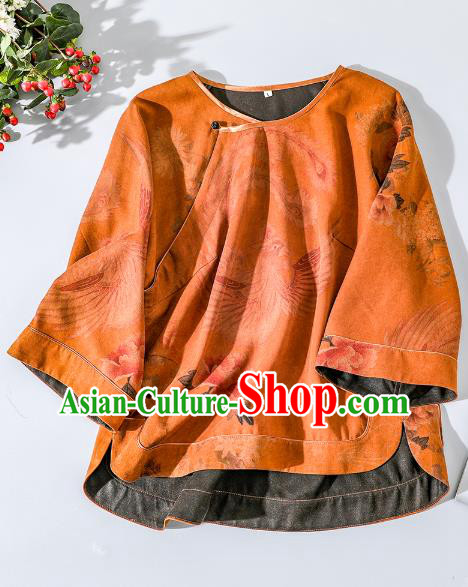 China Classical Phoenix Pattern Tang Suit Upper Outer Garment Traditional Cheongsam Orange Silk Shirt