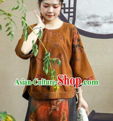 China Classical Phoenix Pattern Tang Suit Upper Outer Garment Traditional Cheongsam Orange Silk Shirt