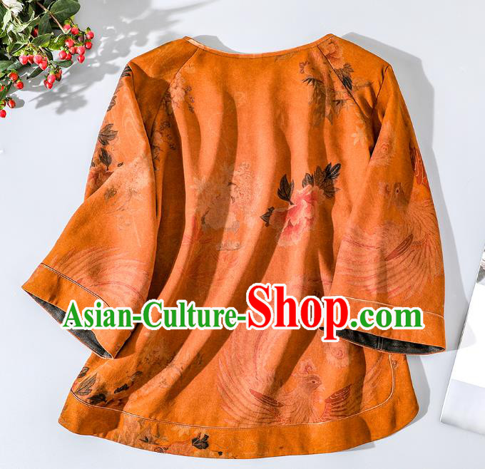 China Classical Phoenix Pattern Tang Suit Upper Outer Garment Traditional Cheongsam Orange Silk Shirt