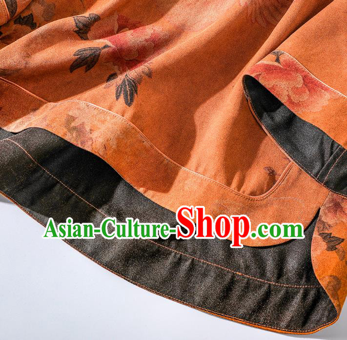 China Classical Phoenix Pattern Tang Suit Upper Outer Garment Traditional Cheongsam Orange Silk Shirt